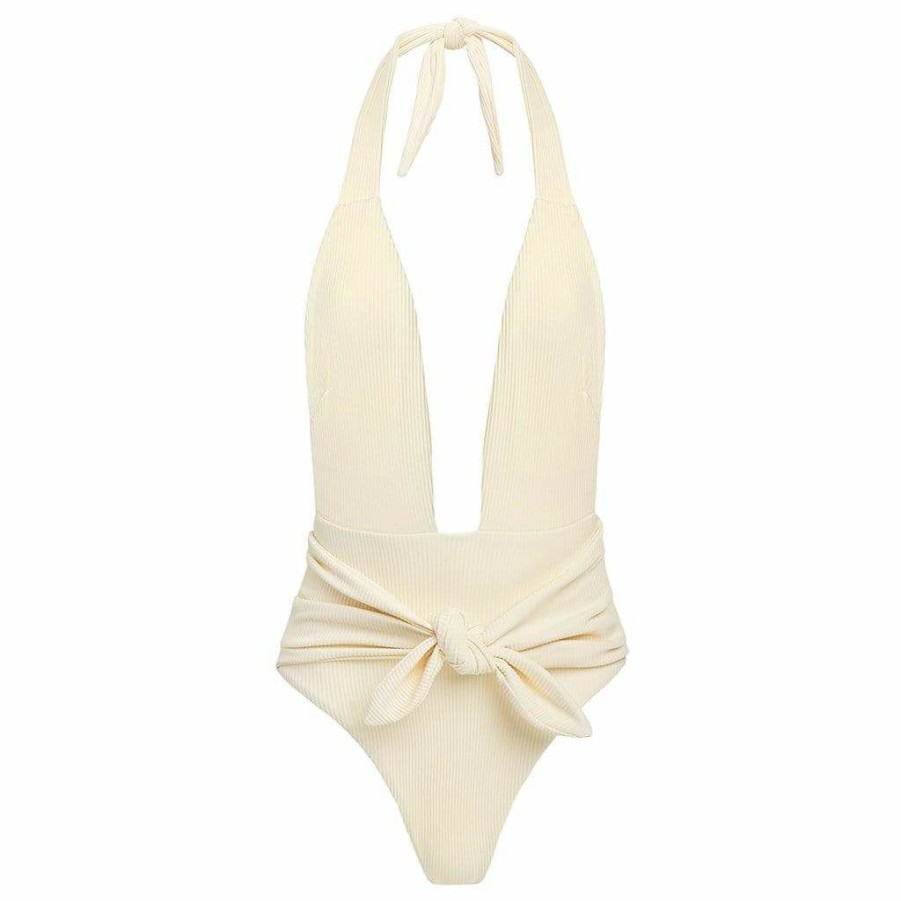 Fashion * | Cream Rib Tropez Tie-Up One-Piece