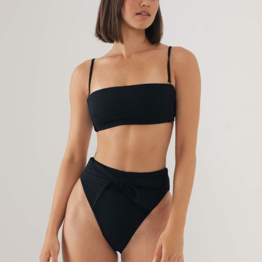 Fashion * | Black Rib Paula Tie-Up Bikini Bottom