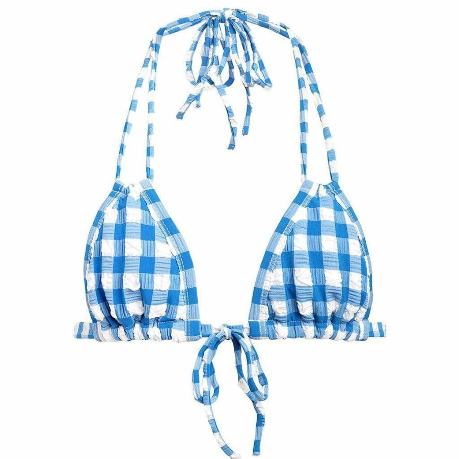 Fashion * | Blue Gingham Euro Bow Bikini Top