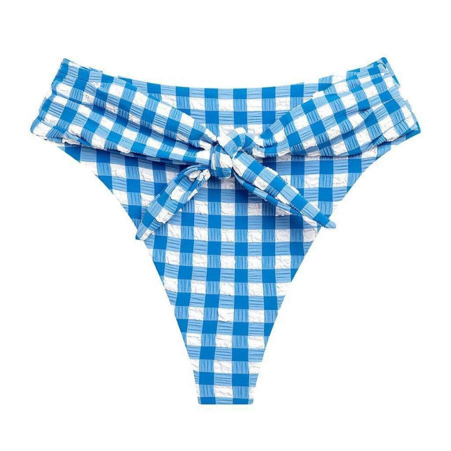 Fashion * | Blue Gingham Paula Tie-Up Bikini Bottom