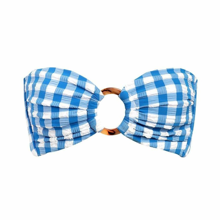 Fashion * | Blue Gingham Tori Ties Bandeau Bikini Top