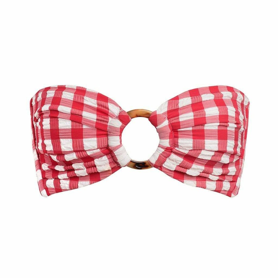 Fashion * | Red Gingham Tori Ties Bandeau Bikini Top