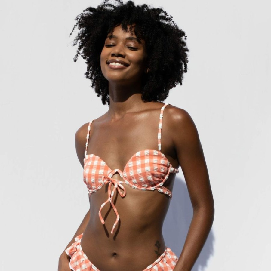 Bikini * | Shrimp Gingham Elany Tie-Up Bikini Top