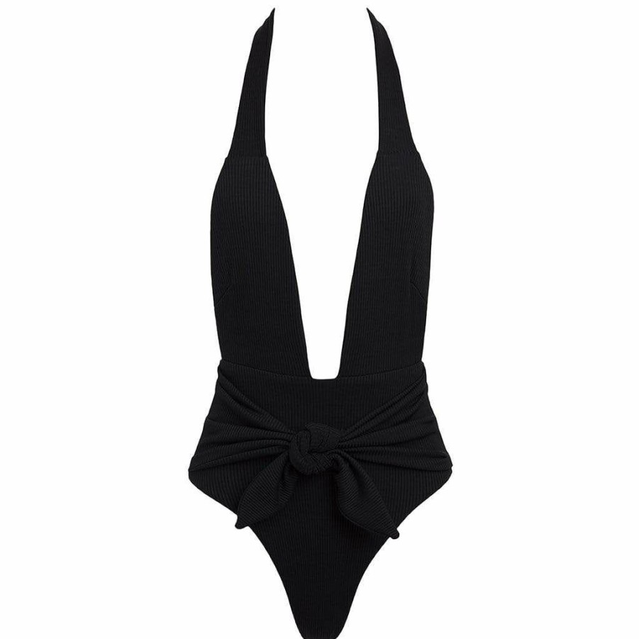 Fashion * | Black Rib Tropez Tie-Up One-Piece