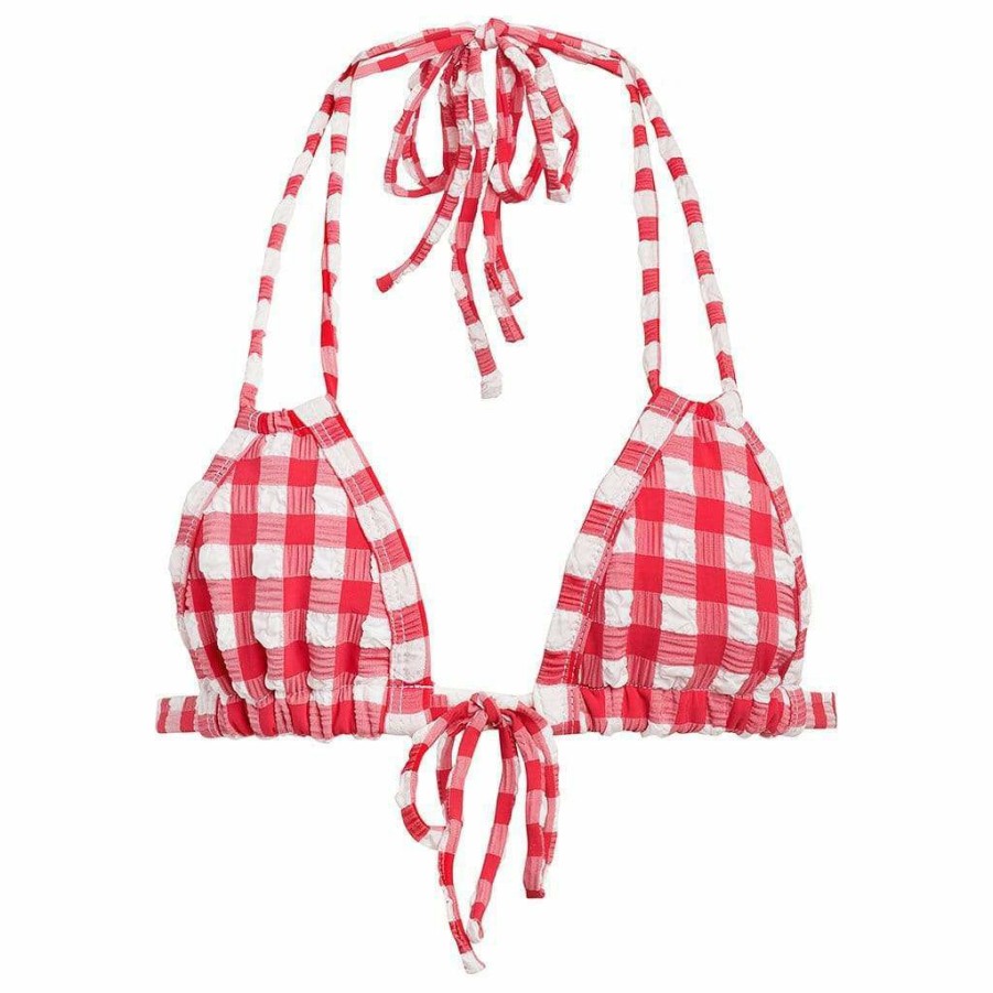 Fashion * | Red Gingham Euro Bow Bikini Top