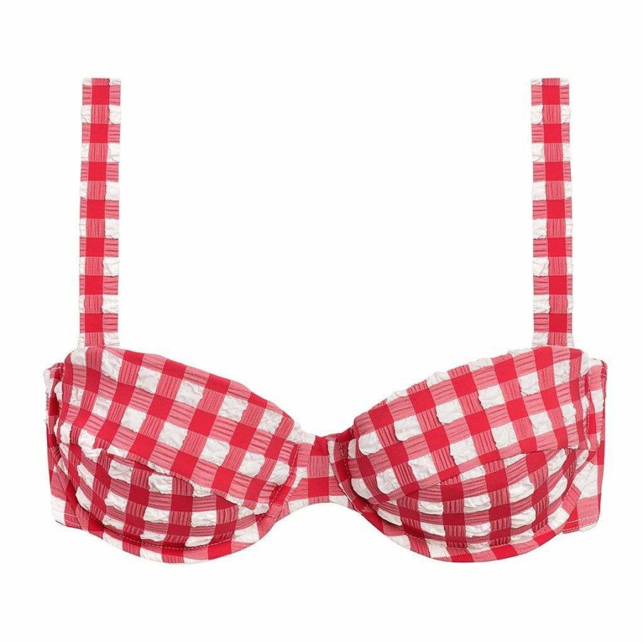 Fashion * | Red Gingham Bustier Bikini Top