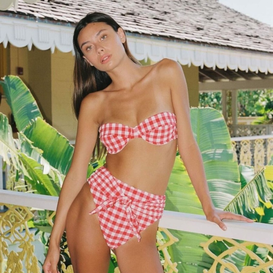 Fashion * | Red Gingham Bustier Bikini Top