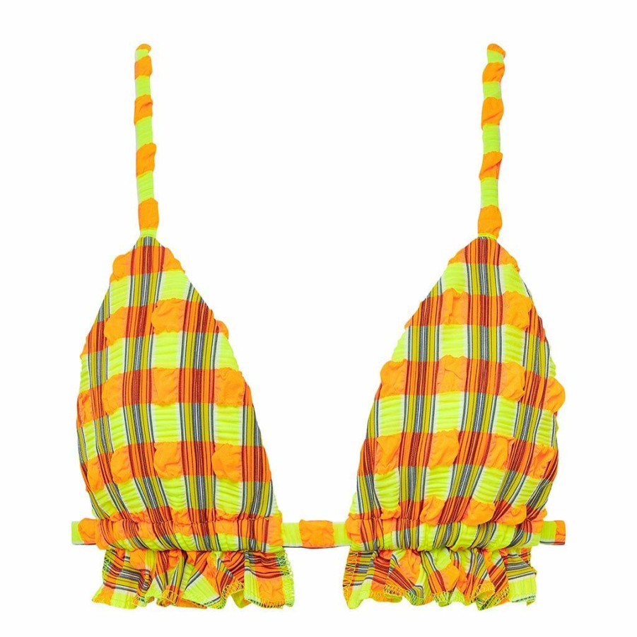 Bikini * | Neon Plaid Triangle Ruffle Bikini Top