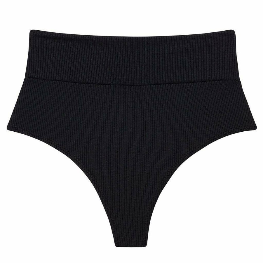 Fashion * | Black Rib Added Coverage High Rise Bikini Bottom