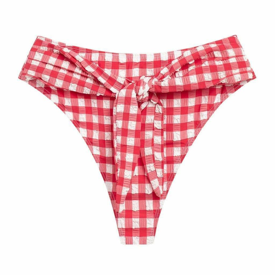 Fashion * | Red Gingham Paula Tie-Up Bikini Bottom