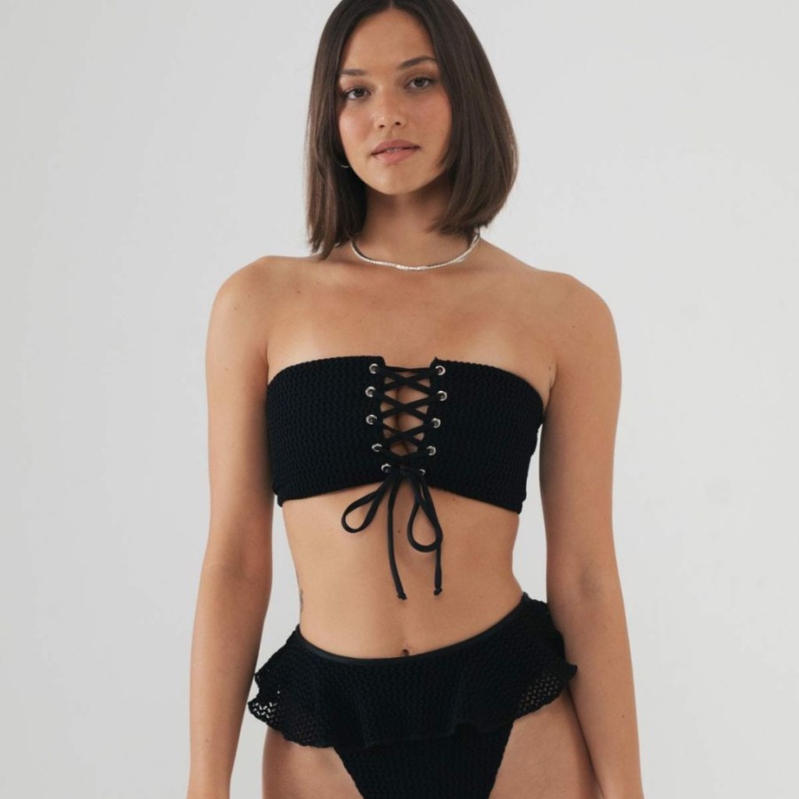 Fashion * | Black Crochet Corset Bikini Top